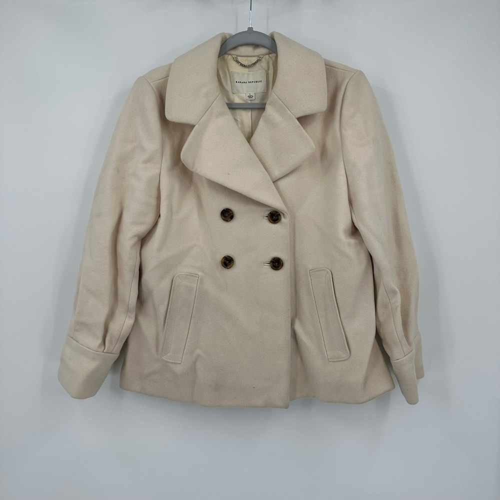 Banana Republic Womens Quiet Luxury Old Money Pea Coat Sz L Wool Blend Cream